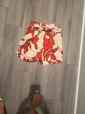 White House Black Market High-Waist Floral Paperbag Shorts in Cream and Red